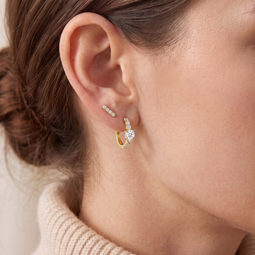 "Dubai" Solitaire Stud & Pave Hoop Set — Gold, worn