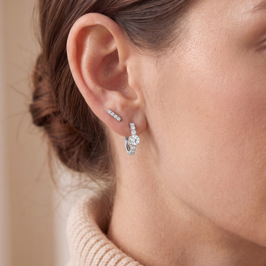 "Dubai" Solitaire Stud & Pave Hoop Set — Silver, worn