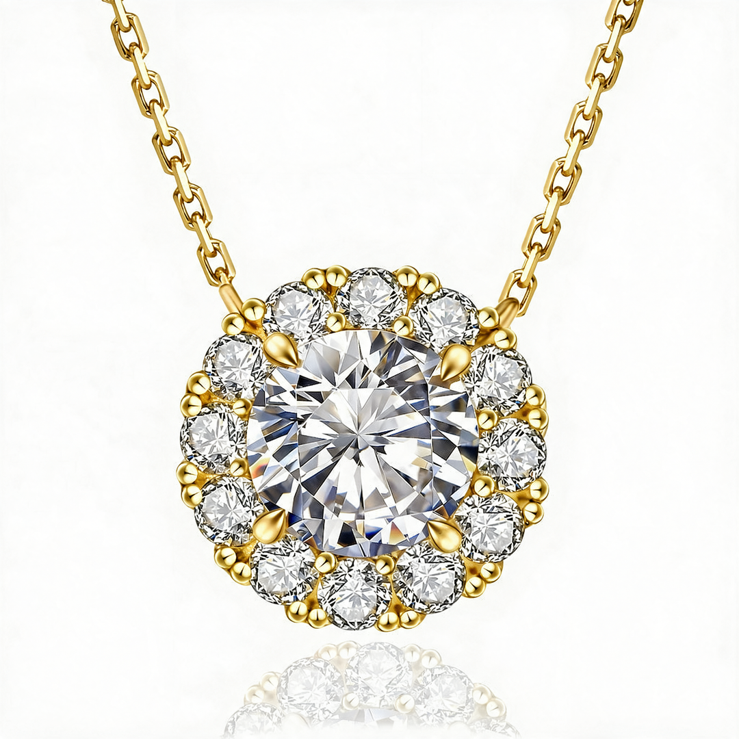 Geneva Moissanite 1ct Halo Solitaire Necklace — Gold flatlay