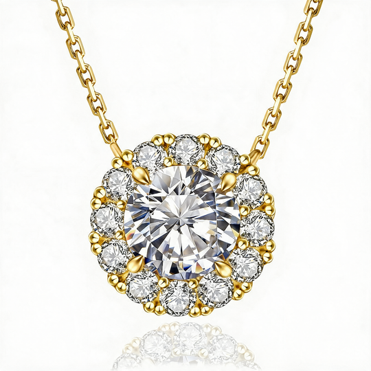 Geneva Moissanite 1ct Halo Solitaire Necklace — Gold flatlay