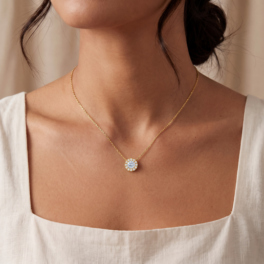 Geneva Moissanite 1ct Halo Solitaire Necklace — Gold, worn at the collarbone
