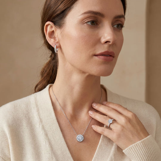 Woman wearing the Geneva Moissanite Halo Set