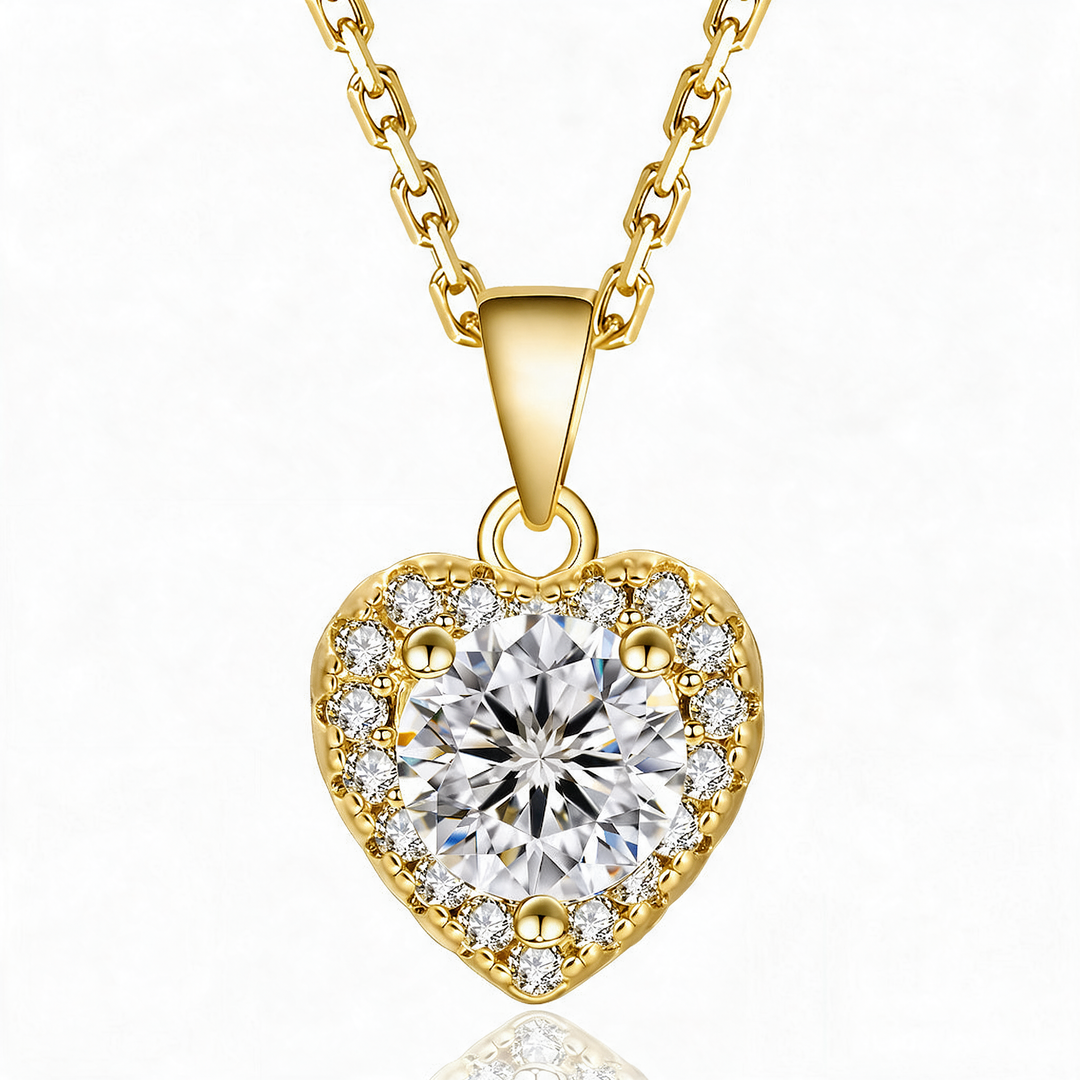 Helsinki Moissanite 1ct Heart Halo Necklace — Gold flatlay