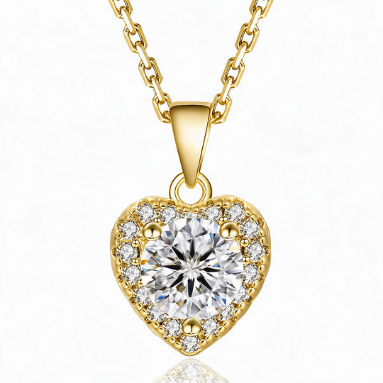 Helsinki Moissanite 1ct Heart Halo Necklace — Gold flatlay