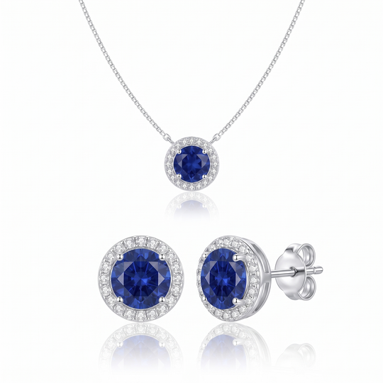 Oslo Sapphire Halo Pendant & Studs Set in Silver — the full set