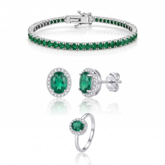 Verona Emerald Halo Trio Set in Silver — the full set