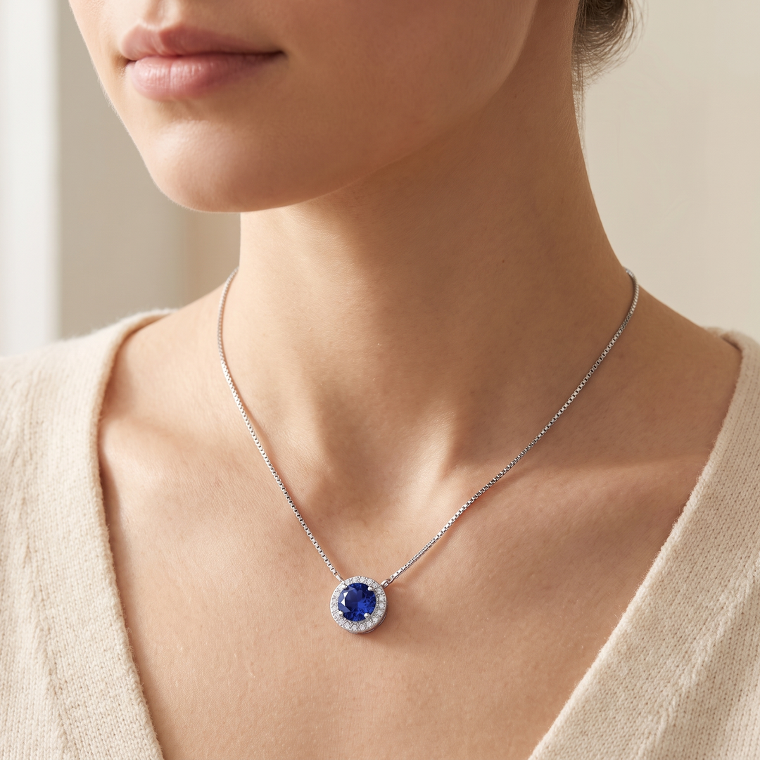 Oslo Sapphire Halo Pendant & Studs Set in Silver — necklace worn