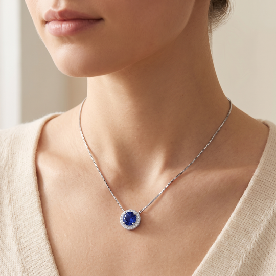 Oslo Sapphire Halo Pendant & Studs Set in Silver — necklace worn
