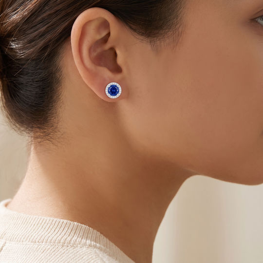 Oslo Sapphire Halo Pendant & Studs Set in Silver — studs worn