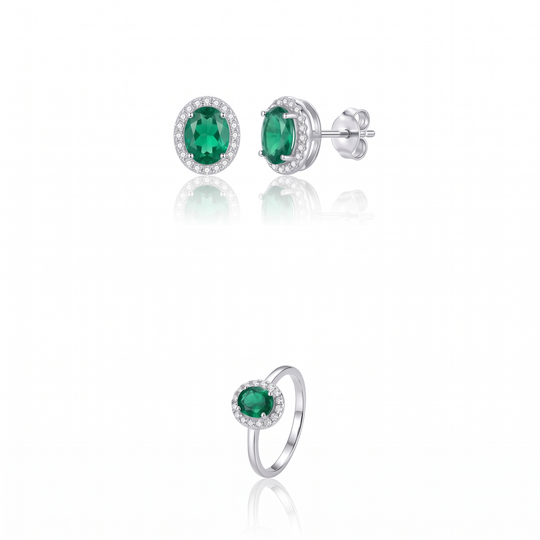 Verona Emerald Halo Studs & Ring Set in Silver — the full set