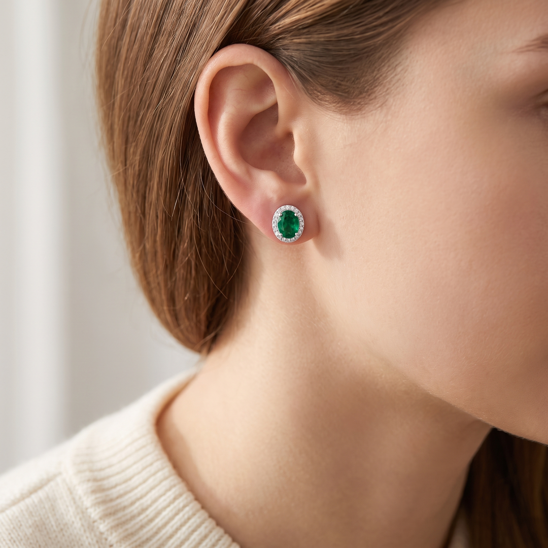 Verona Emerald Halo Studs & Ring Set in Silver — studs worn