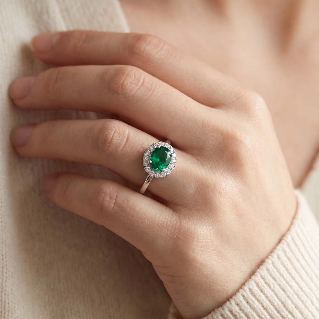 Verona Emerald Halo Trio Set in Silver — ring worn