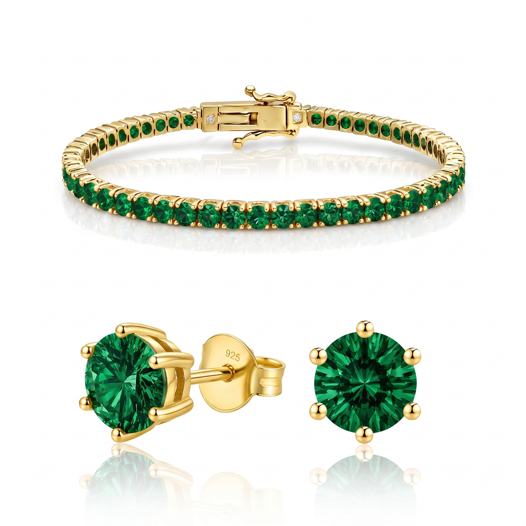 Miami Emerald Bracelet & Studs Set in Gold — the full set