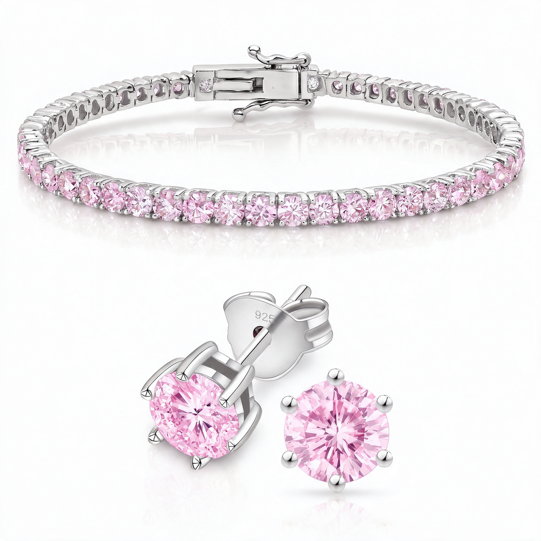 Miami Pink Sapphire Bracelet & Studs Set in Silver — the full set