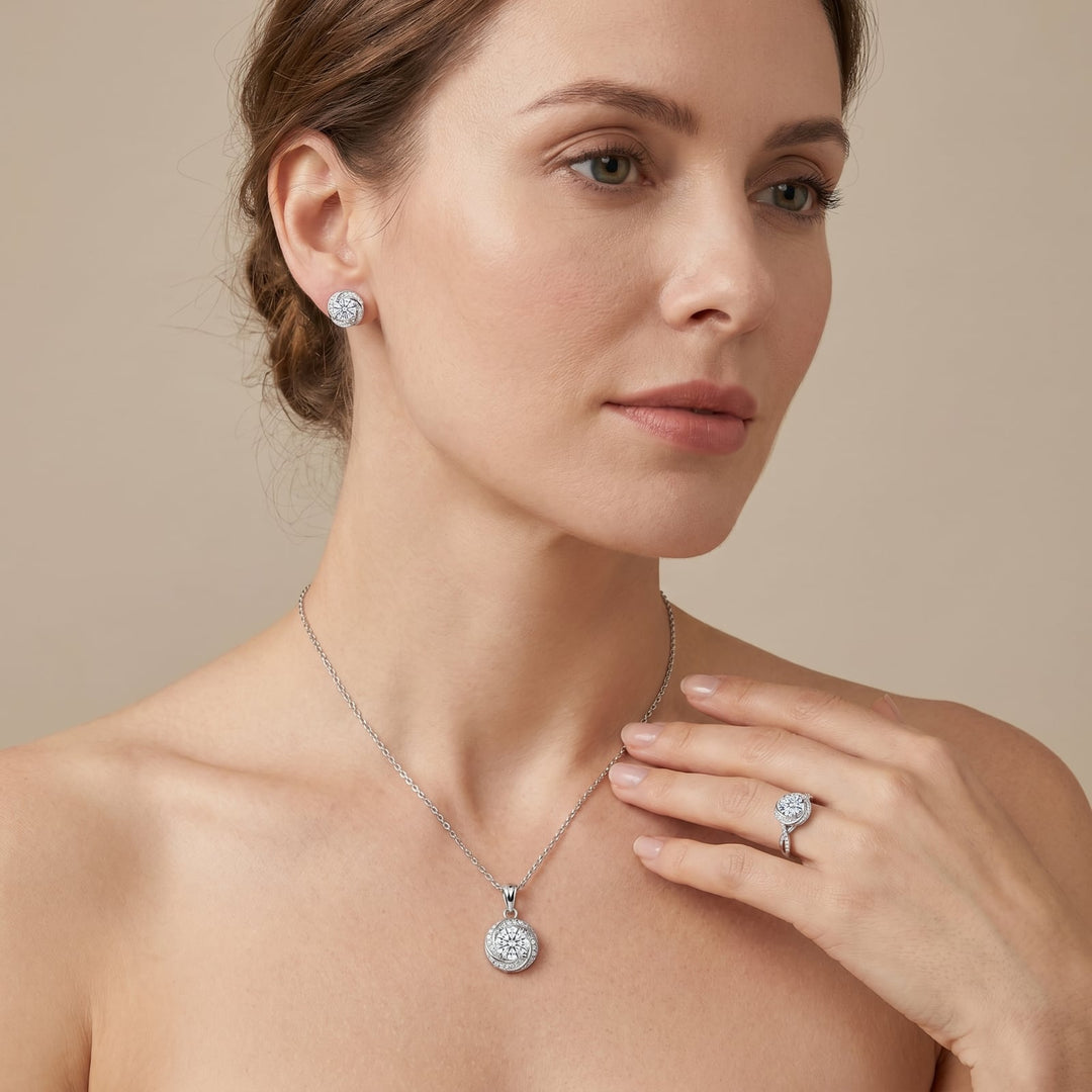 Woman wearing the Stockholm Moissanite Swirl Halo Set