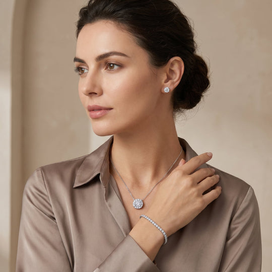 Woman wearing the Miami Halo Silver Set