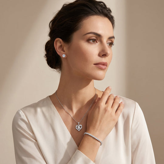 Woman wearing the Miami Love Heart Silver Set