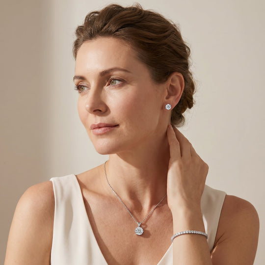 Woman wearing the Miami Solitaire Silver Set